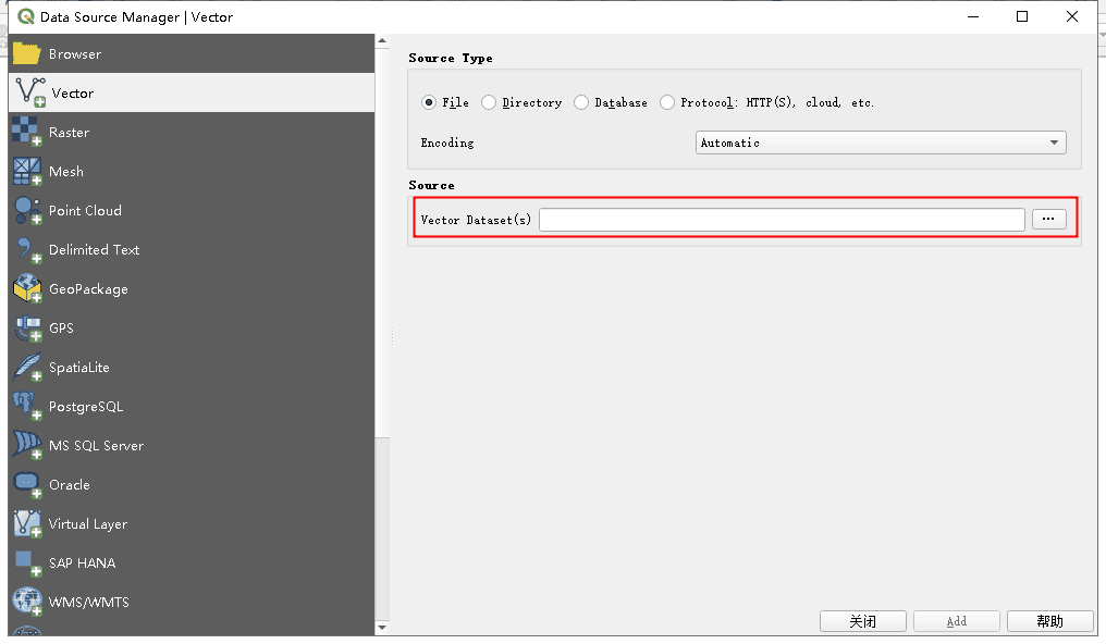 Data Source Manager dialog for vector layers