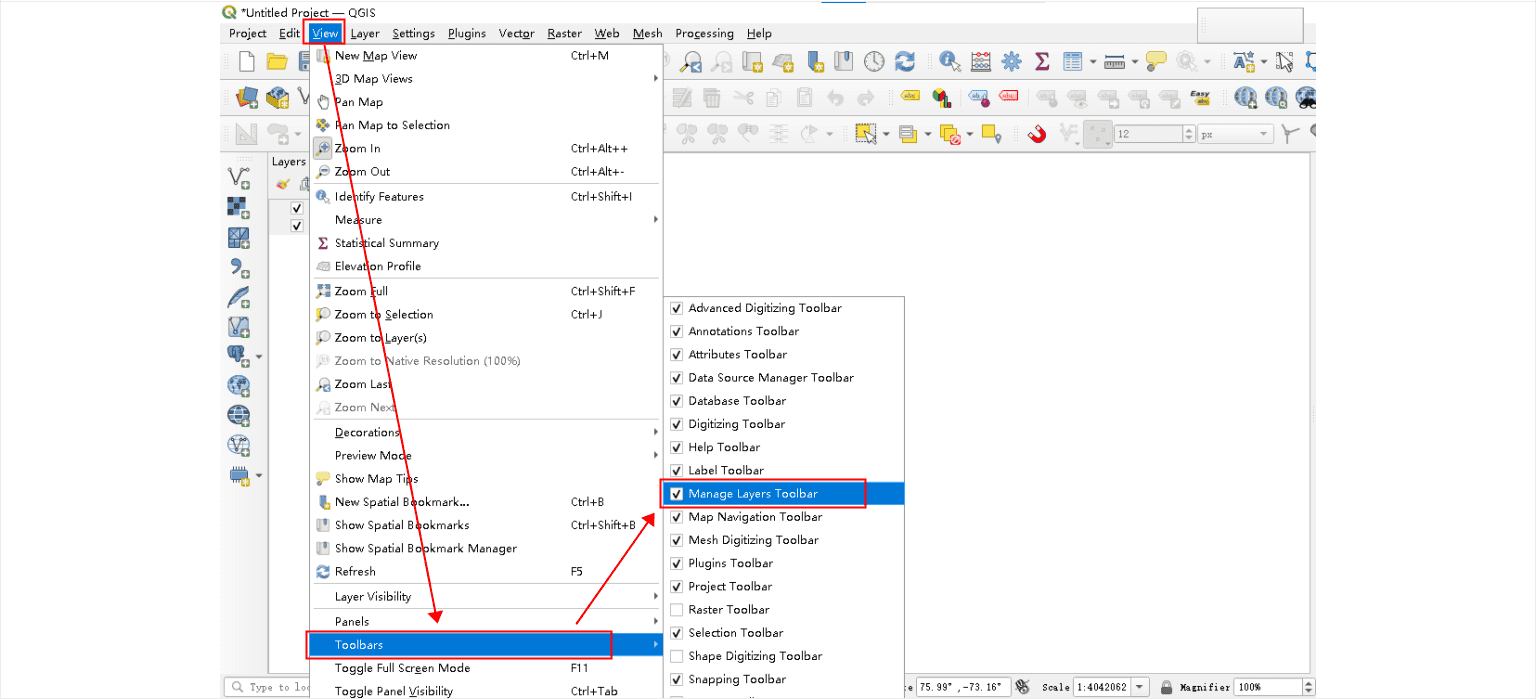 Aktivieren der Manage Layers Toolbar über das Ansichtsmenü Aktivieren der Manage Layers Toolbar über das Ansichtsmenü